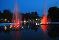 And at night, water sprinklers glow amid the coloured lights.
