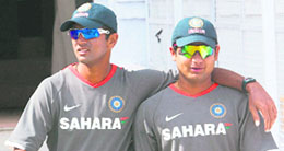 Rahul Dravid (L) and Piyush Chawla during a practice session at the Sardar Patel Stadium in Ahmedabad on Monday.