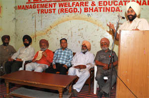 Gurbhajan Gill at a press conference in Bathinda on Tuesday.