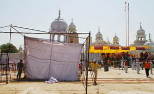 The organisers prepare for the Baisakhi celebrations in Talwandi Sabo on Saturday.