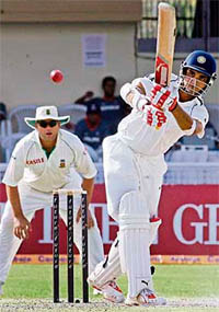 Sourav Ganguly hits a ball to the boundary during the second day of the third and final Test match between India and South Africa at the Green Park stadium in Kanpur on Saturday.