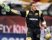 Brendon McCullum of Kolkata Knight Riders celebrates after reaching his century during the Indian Premier League match against Bangalore Royal Challengers in Bangalore on Friday.