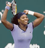 Serena Williams of the US celebrates after defeating Vera Zvonareva of Russia in the final of Family Circle Cup in Charleston, South Carolina, on Sunday. Serena won 6-4, 3-6, 6-3.