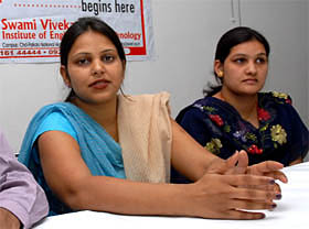 Pooja Mittal, spokesperson of the Swami Vivekanand Group of Institutes, addressing media persons in Bathinda on Wednesday.