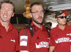 Glenn McGrath, Daniel Vettori and Virender Sehwag at a city hotel on Saturday.