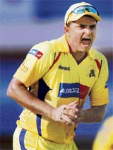 Suresh Raina of Chennai Super Kings celebrates the dismissal of Kolkata Knight Riders batsman Ricky Ponting during the IPL T20 championship match in Chennai on Saturday.