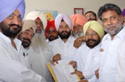 Candidates of different political parties like SAD ( left), BJP (middle) and Congress (left), along with their supporters, submitting their nomination forms to ADC Upjeet Singh Brar in Bathinda on Friday. The elections are slated for May 12. Tribune photos: Malkiat Singh