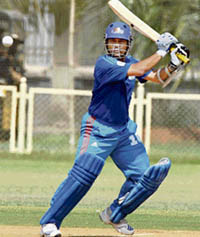 Sachin Tendulkar in action during a practice match in Mumbai on Friday. It is after a gap of more than a month that Tendulkar played a practice match with his Mumbai Indians teammates. 