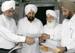 (From left) Nasib Singh Gill, Avtar Singh Brar, Mohinder Singh Gill and Lakhwinder Singh visit the office of the state election commissioner in Chandigarh on Friday.