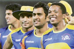 Chennai Super Kings stars (from right) Makhaya Ntini, M S Dhoni, Joginder Sharma and Suresh Raina during a practice session on the eve of crucial match against Kings XI Punjab