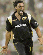 Kolkata Knight Riders� Shoaib Akhtar reacts after taking the wicket of Delhi Daredevils� Gautam Gambhir during the IPL T20 match at Eden Gardens in Kolkata on Tuesday. 