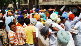 Candidates crowd the panchayat office to file their nomination papers for the May 26 elections in Bathinda on Friday.