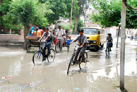 Commuters are facing inconvenience due to sewage problem at Shakti Nagar in Bathinda on Friday.