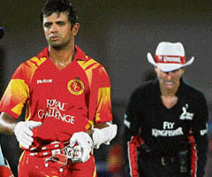 Bangalore Royal Challengers captain Rahul Dravid during the IPL-T20 match against Rajasthan Royals in Jaipur on Saturday. Dravid�s gallant unbeaten knock (36-ball 75) was not good enough to ward off defeat. 