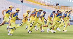 Chennai Super Kings players during a practice session in preparation for their T20 match against Bangalore Royal Challengers in Chennai