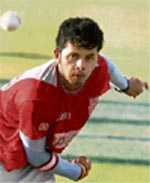 Kings XI Punjab pacer S. Sreesanth during net practice session at the Wankhede Stadium in Mumbai.