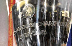 The Champions league trophy stands on show at the Luzhniki stadium, on the eve of the final between Chelsea and Manchester United