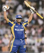 Rajasthan Royals� Yusuf Pathan jubilates after hitting the winning stroke against Kolkata Knight Riders during the IPL T20 match at Eden Gardens in Kolkata on Tuesday. � PTI