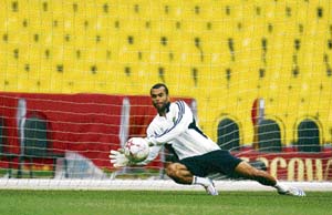 Chelsea's Ashley Cole saves a shot during a team training session at the Luzhniki Stadium in Moscow on Tuesday. 