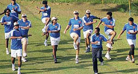Players of Deccan Chargers warm up on Thursday for the IPL match against Kings XI Punjab at the PCA Stadium in Mohali on Friday.
