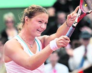 Russia�s Dinara Safina (left) reacts after winning against compatriot Svetlana Kuznetsova during their French Open semifinal match at Roland Garros, in Paris