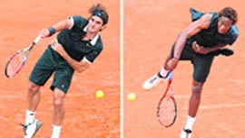 Swiss Roger Federer (L) will play Frenchman Gael Monfils in the semifinal of the French Open in Paris