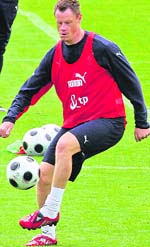 Polish midfielder Jacek Krzynowek practices during a training session in Bad Waltersdorf, Austria on Friday ahead of the Euro 2008 tournament hosted by Switzerland and Austria. 
