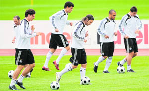 German players train on Friday in Tenero, Switzerland, ahead of their Euro 2008 match against Poland on Sunday in Klagenfurt, Austria.