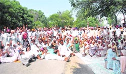 Angry villagers squat on the Barnala-Bhagta road to protest against a dowry death
