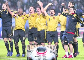 Spanish players celebrate after the semifinal match against Russia in Vienna, Austria