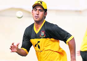 Bangladesh cricket captain Mohammad Ashraful runs to catch the ball during a training session in Karachi