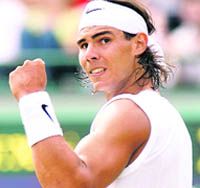 Spain�s Rafael Nadal celebrates after beating Nicolas Kiefer of Germany 7-6, 6-2, 6-3, on the sixth day of the Wimbledon Championship at the All England Tennis Club in south-west London, on Saturday.