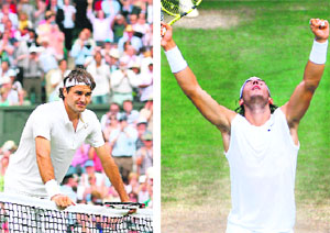 Roger Federer (L) of Switzerland waits for Marat Safin of Russia at the net after beating him 6-3,7-6, 6-4, in a Men�s Single�s semifinal match during the 2008 Wimbledon Championships at the All England Tennis Club in south-west London, on Friday. Rafael Nadal of Spain celebrates after beating Rainer Schuettler of Germany 6-1, 7-6, 6-4, in the day�s other Single�s semifinal at the All England Tennis Club on Friday.