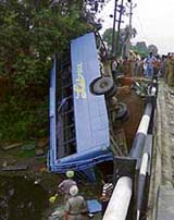The bus that fell into a drain at Malerkotla on Sunday. 