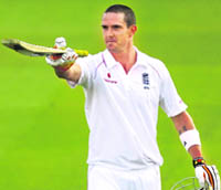England�s Kevin Pietersen celebrates after completing his century against South Africa during the first day of the Test at Lord�s in London. 