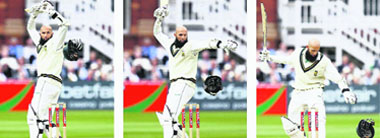In this combo of images South Africa�s Hashim Amla looks back as his helmet comes off after getting a bouncer from England�s James Anderson during the first Test at Lord�s