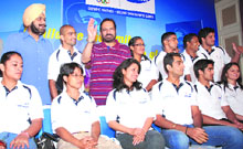 IOA president Suresh Kalmadi, Raja Randhir Singh, secretary-general of IOA with members of the Indian contingent to the Beijing Olympic Games during a send off function for the contingent.