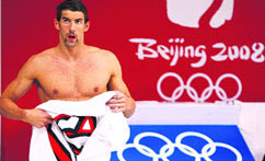 Michael Phelps of the USA dries himself with a towel after practice at the National Aquatics Centre, also known as the Water Cube, ahead of the swimming competition at the Beijing 2008 Olympic Games on Monday.