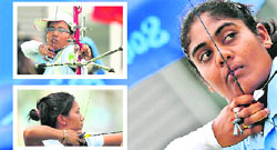 Indian archers Dola Banerjee (inset top), Bombayla Devi (inset below) and Pranitha Vardineni aim during a ranking round of the women�s archery competition in Beijing