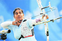 Pranitha Vardhineni of India competes during the ladies archery 1/32 Eliminations at the Capital Gymnasium in Beijing