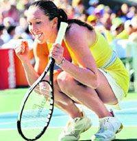 Jelena Jankovic of Serbia reacts during her match against Elena Dementieva of Russia during the women's semis at the US Open. Jankovic won 6-4 6-4.