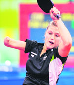 Natalia Partyka of Poland in action against China's Fan Lei during the table tennis final match at the Paralympic Games in Beijing 