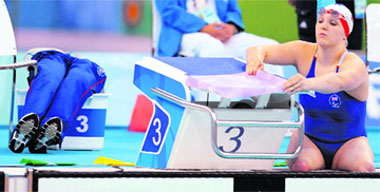 Charlotte Henshaw of Great Britain gets ready before the women�s 100m breaststroke SB6 final during the 2008 Beijing Paralympic Games at the National Aquatics Center in Beijing