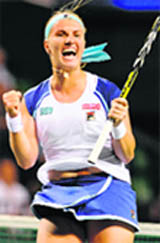 Svetlana Kuznetsova of Russia reacts after her victory against Jelena Jankovic of Serbia during the quarterfinal match of the Pan Pacific Open in Tokyo