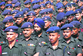 Jawans attend a sainik sammelan in Pathankot on Saturday.