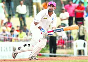 Ranji Champions Delhi opener Gautam Gambhir plays a shot during the Irani trophy match against Rest of India at the Reliance Stadium in Vadodara