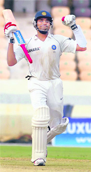Board President XI�s Rohit Sharma reacts after his century against Australia on day one of the four-day match at Rajiv Gandhi International Cricket Stadium in Hyderabad on Thursday.