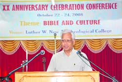 Rev George K. Chavanikamannil, founder president of Luther W. New Jr. Theological College, addresses the gathering in Dehradun on Wednesday. A Tribune photograph