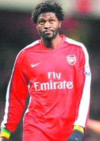 Arsenal�s Emmanuel Adebayor reacts after the game against Tottenham Hotspur during their Premiership football match in London