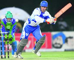 Delhi Giants� Abbas Ali hits one to the fence during his match-winning knock of 53 runs in the ICL match against Hyderabad Heroes at Tau Devi Lal Stadium at Panchkula on Saturday. 